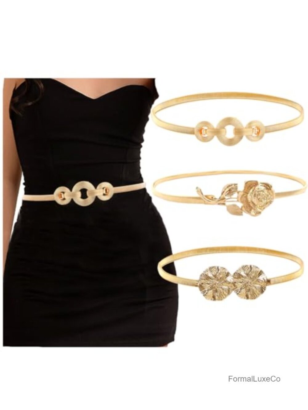 Gold Skinny Stretch Belts for Women Alloy Elastic Cinch Belt